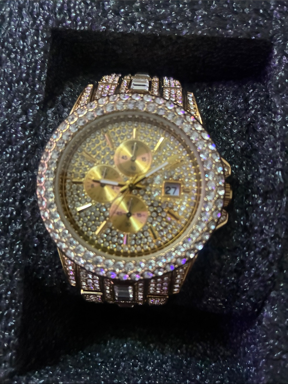 Gold Crystal Pavé mens Bracelet Watch - Sparkling Gold Chronograph